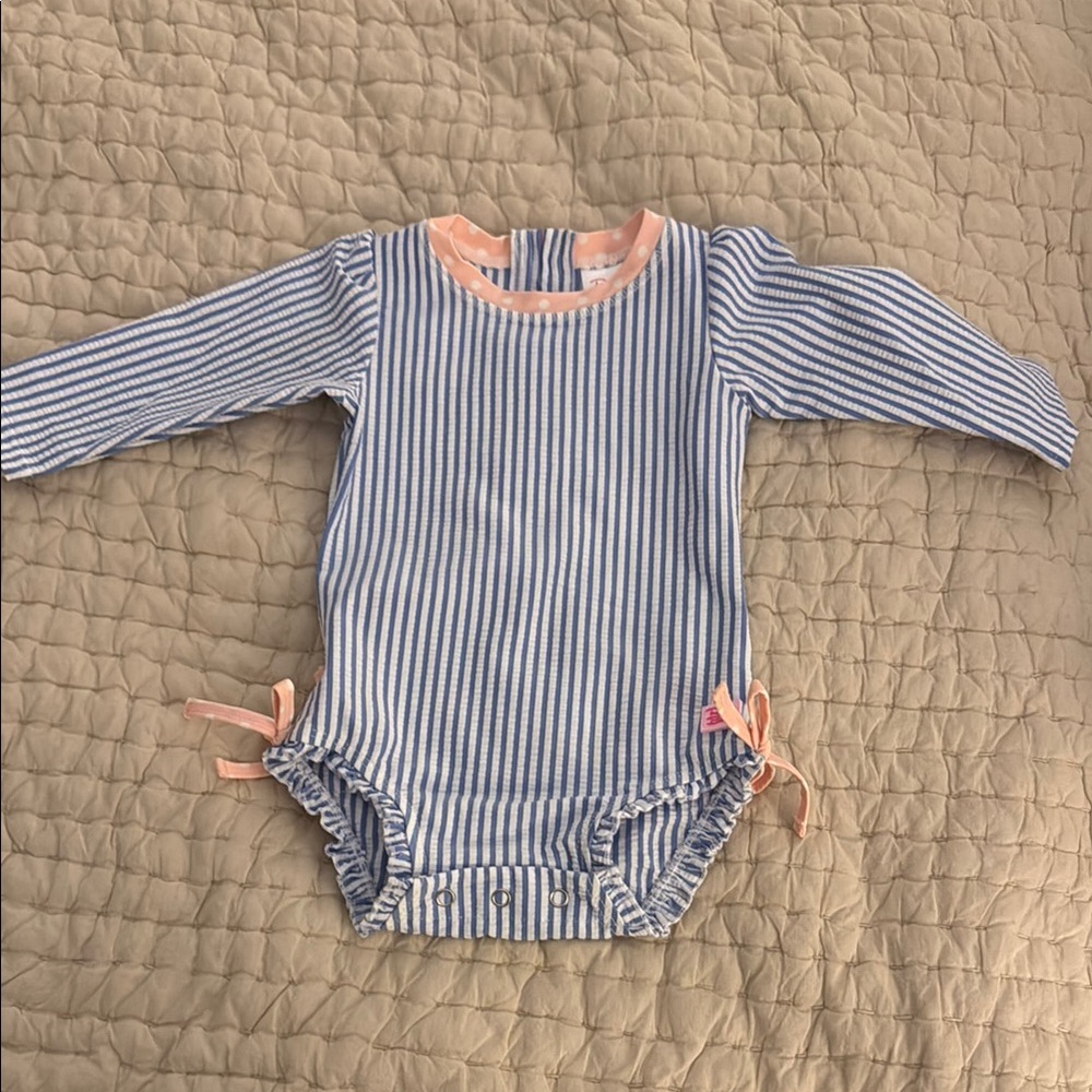 Ruffle Butts Blue and Pink One Piece Swimsuit with Nautical Stripes